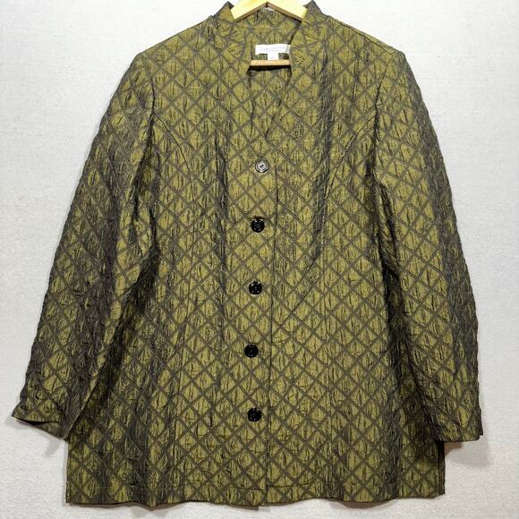 Coldwater Creek Green Gold Leaf Print Jacket  Large Button Front Elegant Shimmer - Picture 1 of 6
